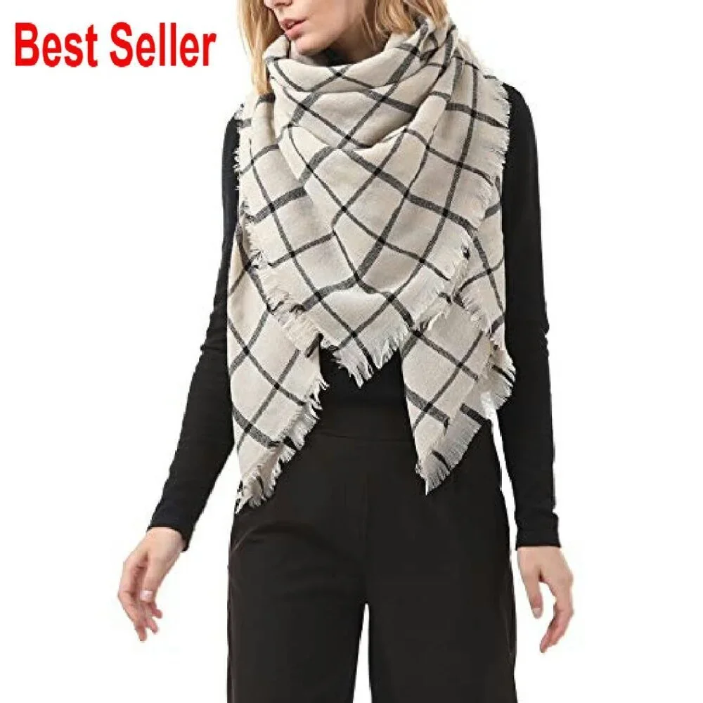 Oversized Plaid Blanket Scarf Cashmere-Like Acrylic Wrap Shawl Chic